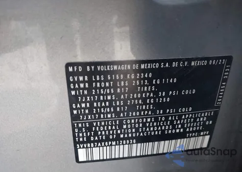 2023 Volkswagen Tiguan 2.0T S from USA, damaged, VIN 3VVRB7AX6PM128936